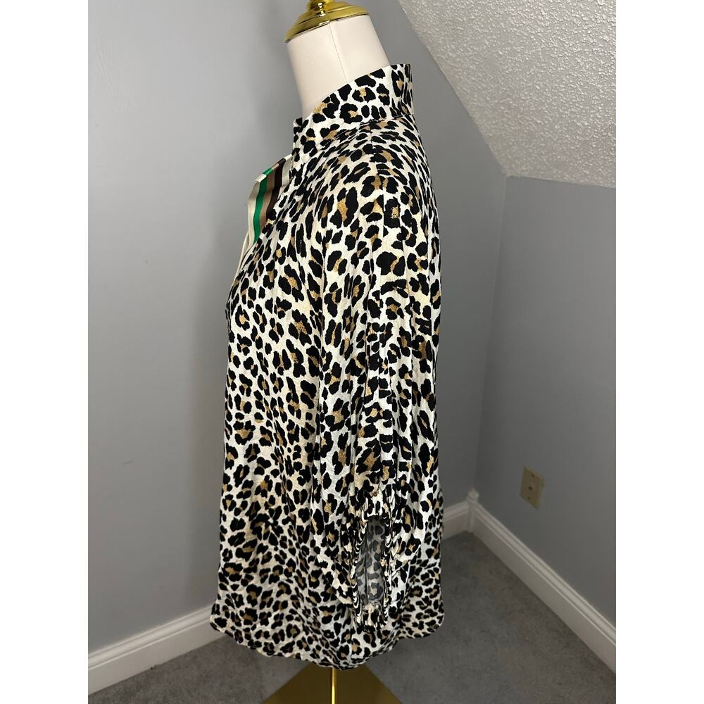 EUC Entro Camel Leopard Print High Neck Green Stripe Dolman Sleeve Top w/Jewelry - Picture 6 of 9